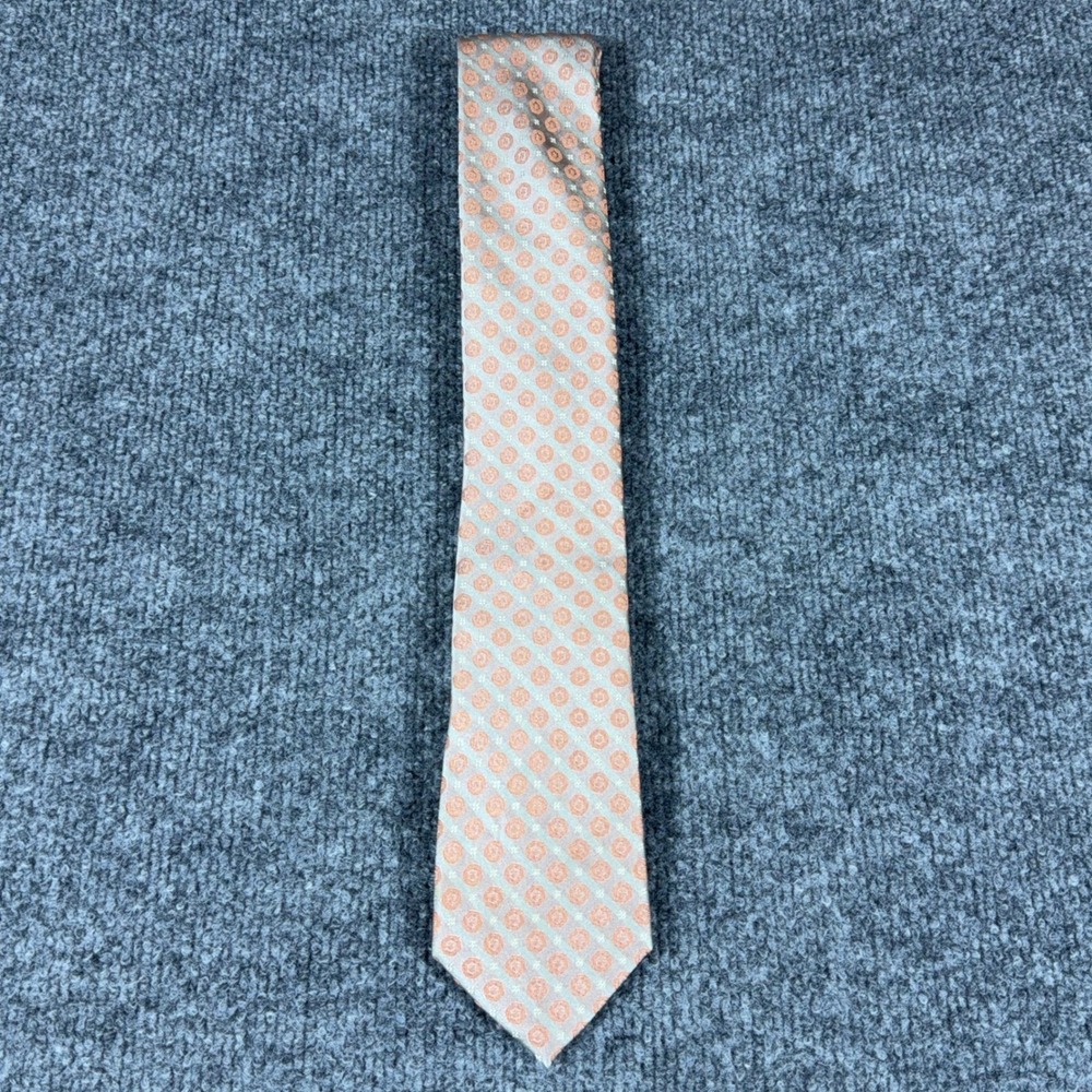 Calvin Klein Mens Silk Necktie Peach Orange Geometric Medallion Striped Tie